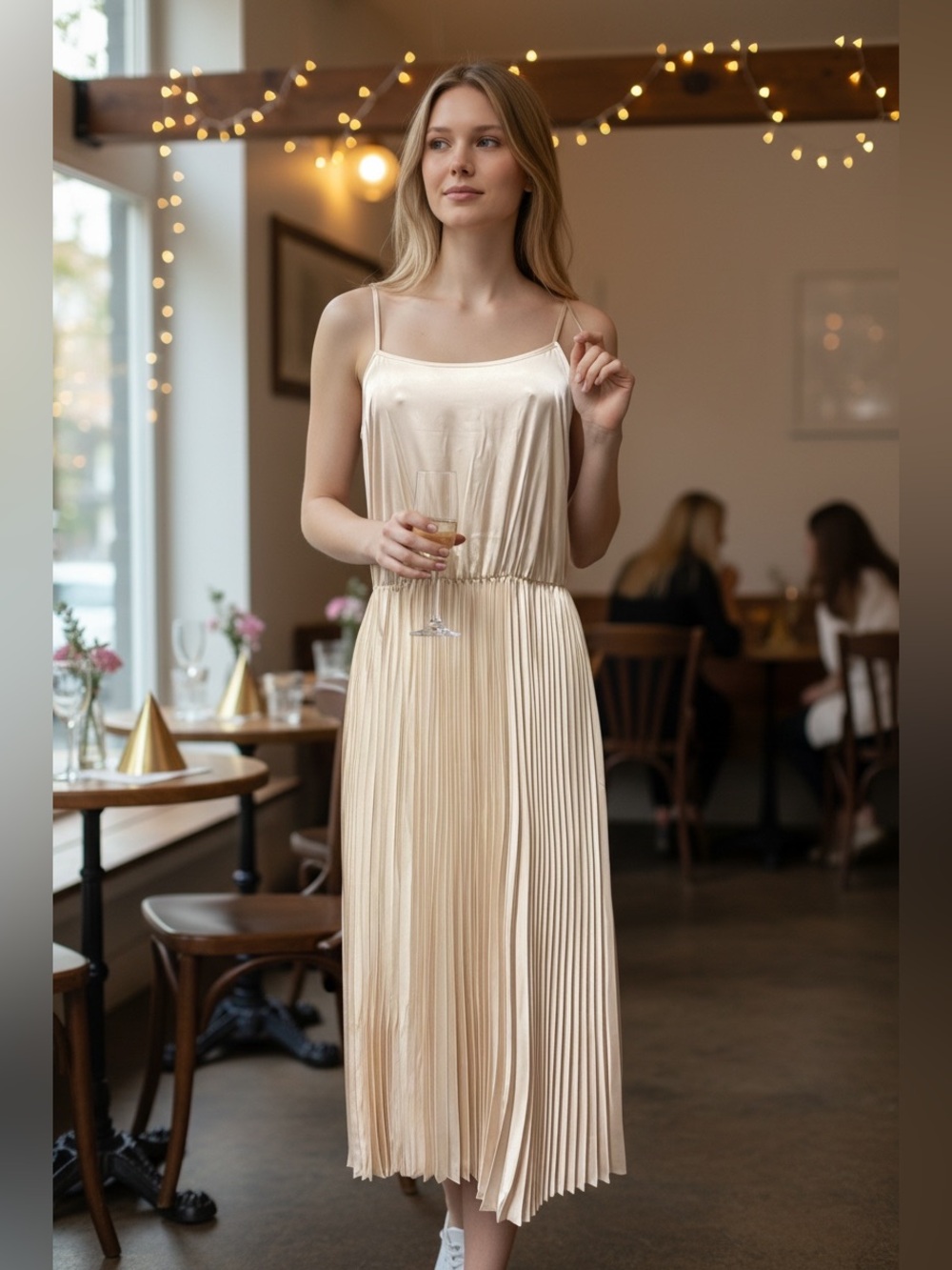 NWT Gibson Latimer Size S Ivory Cream Pleated Midi Dress Spaghetti Strap